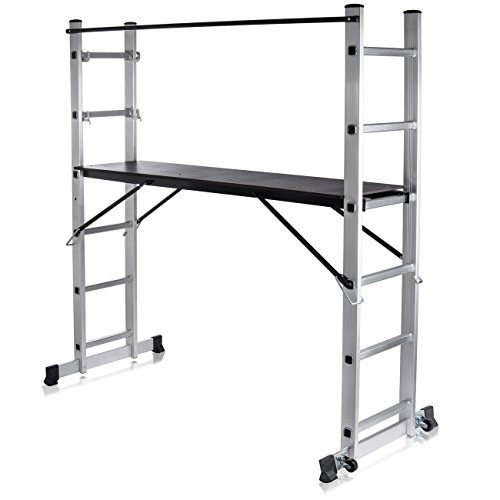 MAXCRAFT Plataforma de Trabajo Multipropósito Escalerilla Escalera Combinación de Aluminio y Andamio con Ruedas Peldaños Escala Plegable (5 posibilidades de Uso)