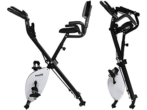 MAXOfit MF-30 X-Bike Bicicleta estática plegable, ergómetro para casa, con gomas de entrenamiento, medición de pulso, respaldo y resistencia ajustable