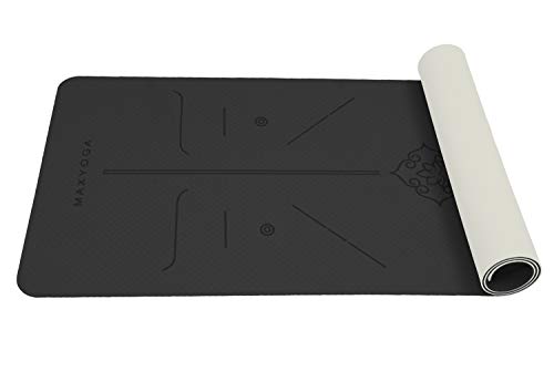 MAXYOGA® Esterilla Yoga con Sistema de Alineación Grabadas a Láser. Tamaño Grande 183cm x 66cm x 6mm. Colchoneta Yoga Mat Antideslizante y Ligera de Material Ecológico TPE. Negro/Gris