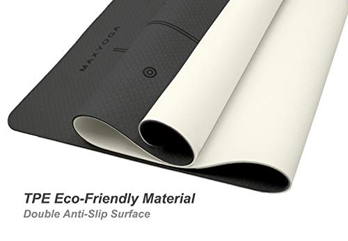 MAXYOGA® Esterilla Yoga con Sistema de Alineación Grabadas a Láser. Tamaño Grande 183cm x 66cm x 6mm. Colchoneta Yoga Mat Antideslizante y Ligera de Material Ecológico TPE. Negro/Gris