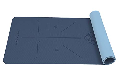 MAXYOGA® Esterilla Yoga de Medida Grande 183cm x 66cm x 6mm y Líneas de Alineación grabadas a Laser Colchoneta Yoga Mat Antideslizante y Ligera de Material Ecológico TPE Azul