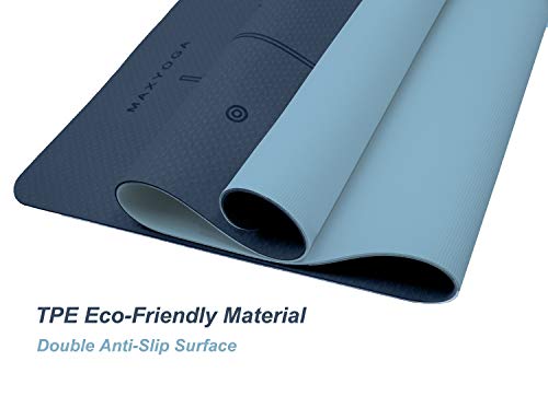 MAXYOGA® MaxDirect Esterilla Yoga con Sistema de Alineación y Marcados. Colchoneta Yoga Mat Antideslizante y Ligera de Material Ecológico TPE. Tamaño Ideal 183cm x 61cm x 6mm. - Azul