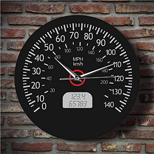 mazhant Velocímetro Kilómetros y Millas Reloj de Pared Impreso Mecánicos de Carreras Arte de la Pared Calibre del Tablero de Instrumentos del Coche Negro Reloj de Pared Decoración de garaje-30X30cm