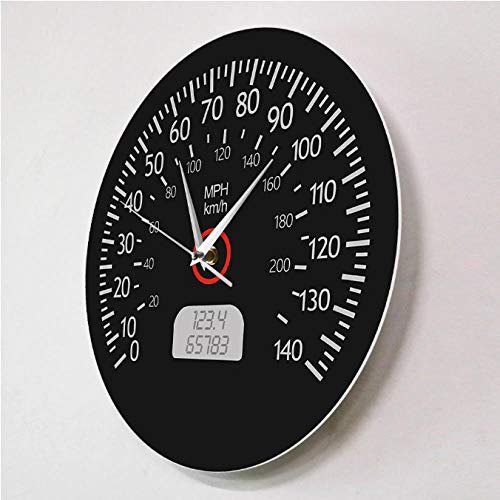 mazhant Velocímetro Kilómetros y Millas Reloj de Pared Impreso Mecánicos de Carreras Arte de la Pared Calibre del Tablero de Instrumentos del Coche Negro Reloj de Pared Decoración de garaje-30X30cm