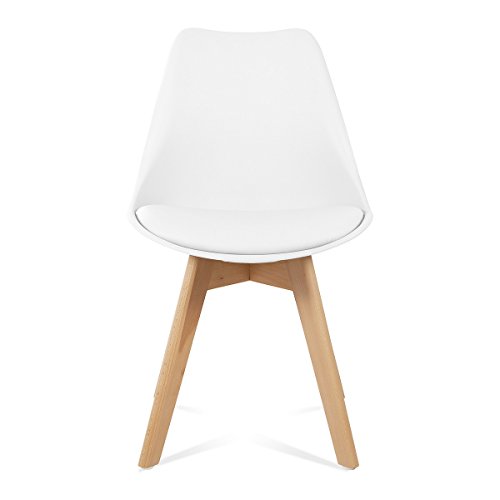 Mc Haus LENA - Pack 4 sillas Blancas Tulip Comedor oficina, Sillas Madera nórdicas con patas de madera y Asiento Acolchado suave, respaldo ergonómico, Blanco, 83x49x53,5cm