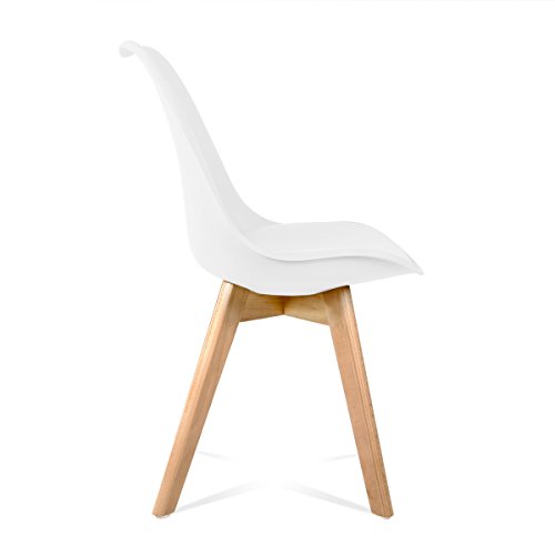 Mc Haus LENA - Pack 4 sillas Blancas Tulip Comedor oficina, Sillas Madera nórdicas con patas de madera y Asiento Acolchado suave, respaldo ergonómico, Blanco, 83x49x53,5cm