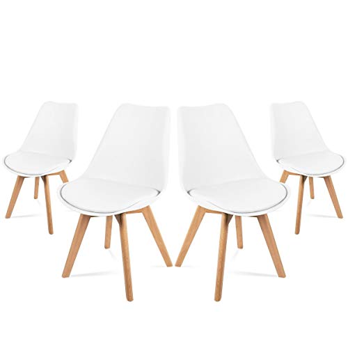 Mc Haus LENA - Pack 4 sillas Blancas Tulip Comedor oficina, Sillas Madera nórdicas con patas de madera y Asiento Acolchado suave, respaldo ergonómico, Blanco, 83x49x53,5cm Mc Haus LENA - Pack 4 sillas Blancas Tulip Comedor oficina, Sillas Madera nórdicas con patas de madera y Asiento Acolchado suave, respaldo ergonómico, Blanco, 83x49x53,5cm