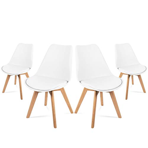 Mc Haus LENA - Pack 4 sillas Blancas Tulip Comedor oficina, Sillas Madera nórdicas con patas de madera y Asiento Acolchado suave, respaldo ergonómico, Blanco, 83x49x53,5cm