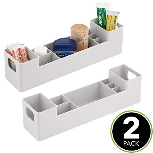 mDesign Juego de 2 cajas clasificadoras con asas para baño – Caja para medicamentos apilable con 7 compartimentos para guardar tiritas o aceites – Organizador de baño de plástico sin BPA – gris claro