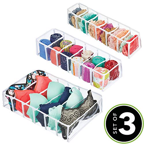 mDesign Juego de 3 organizadores de cajones – Separadores de cajones rectangulares en Diferentes tamaños – Cestas organizadoras de plástico para Ropa Interior o Leggings – Transparente y Blanco