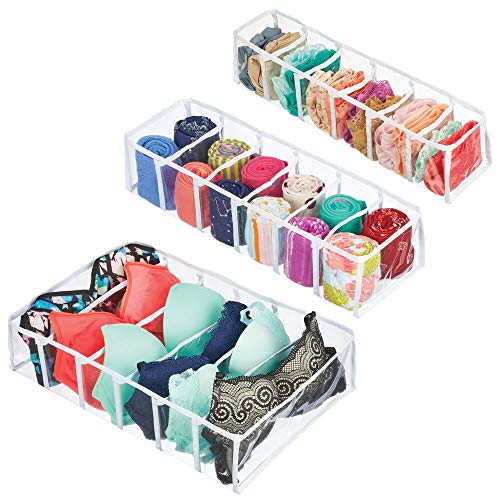 mDesign Juego de 3 organizadores de cajones – Separadores de cajones rectangulares en Diferentes tamaños – Cestas organizadoras de plástico para Ropa Interior o Leggings – Transparente y Blanco