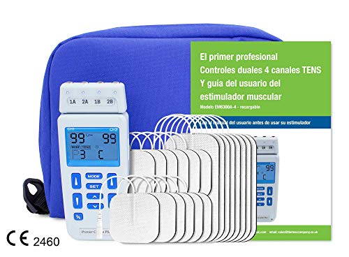 Med-Fit recargable de doble control TENS de 4 canales y estimulador muscular 24 programas clínicamente aprobados y ajuste manual que tratan hasta 4 áreas simultáneamente suministradas con 20 electrodos