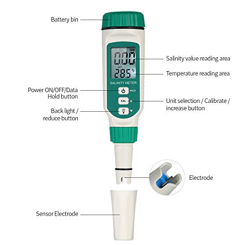 Medidor de Salinidad del Agua y Termometro para piscina digital,tester Sal Contenido,Temperatura,Salinómetro Detector con luz de fondo Medidor de Salinidad del Agua y Termometro para piscina digital,tester Sal Contenido,Temperatura,Salinómetro Detector con luz de fondo