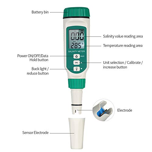 Medidor de Salinidad del Agua y Termometro para piscina digital,tester Sal Contenido,Temperatura,Salinómetro Detector con luz de fondo