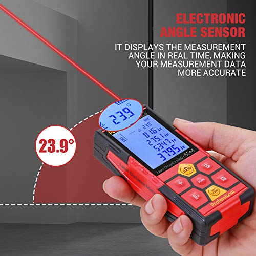 Medidor Láser 50m, POPOMAN USB Carga, Telémetro láser, Sensor de Ángulo Electrónico, Niveles de Burbuja 2.25'' LCD Retroiluminación, m/in/ft/ft+in, Pitagórico, Distancia, Área y Volumen - MTM100B