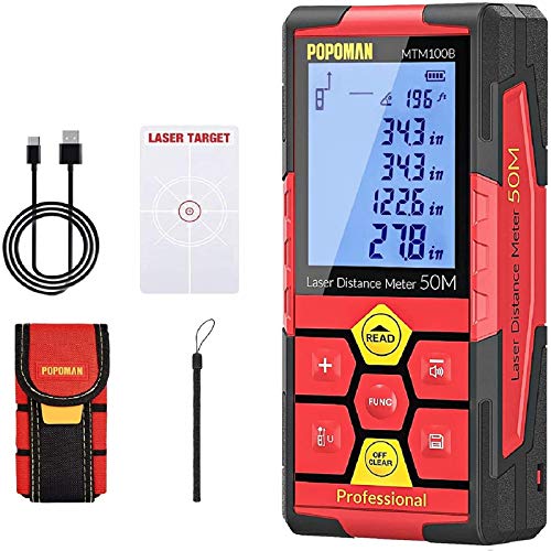 Medidor Láser 50m, POPOMAN USB Carga, Telémetro láser, Sensor de Ángulo Electrónico, Niveles de Burbuja 2.25'' LCD Retroiluminación, m/in/ft/ft+in, Pitagórico, Distancia, Área y Volumen - MTM100B