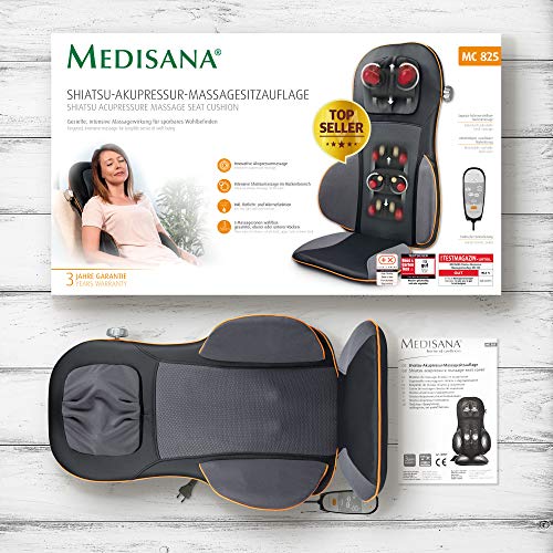 Medisana 88939 MC 825 - Cojín de asiento de masaje con acupresión, masaje de cuello, función calor, 3 intensidades, función luz roja, con mando a distancia para espalda y cuello