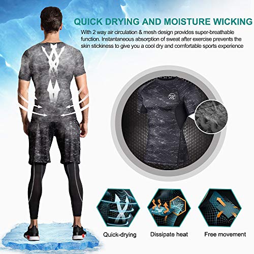 MEETEU 3Pcs Conjunto de Compresión Hombre Camiseta Compresión Deportiva Running Pantalones Compresión Largos Leggings Hombre Fitness para Ciclismo Gym