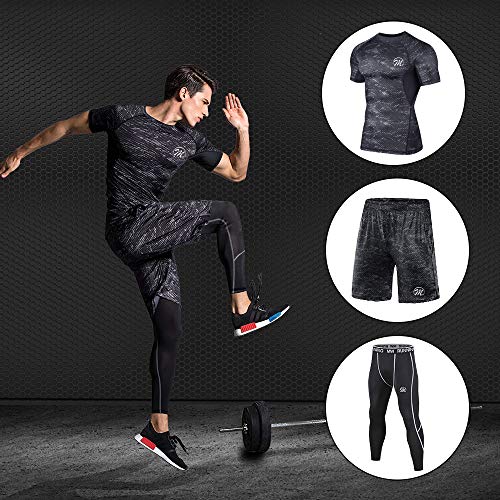 MEETEU 3Pcs Conjunto de Compresión Hombre Camiseta Compresión Deportiva Running Pantalones Compresión Largos Leggings Hombre Fitness para Ciclismo Gym