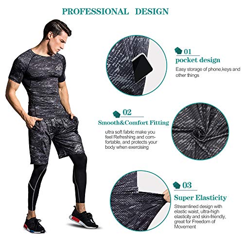 MEETEU 3Pcs Conjunto de Compresión Hombre Camiseta Compresión Deportiva Running Pantalones Compresión Largos Leggings Hombre Fitness para Ciclismo Gym