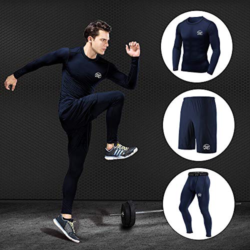 MEETEU Compresión Ropa Deportiva Baselayer Hombre, Secado Rápido Camiseta de Compresion，Gym Pantalones Corto Leggings Short para Running Fitness (Azul, XL)