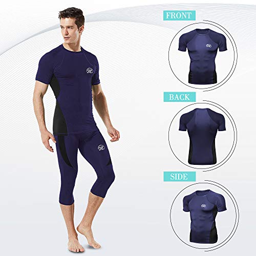 MEETWEE Conjunto Ropa De Compresión Hombre, 3/4 Leggings Manga Corta Camiseta Deportiva Running Pantalones para Fitness Entrenamiento