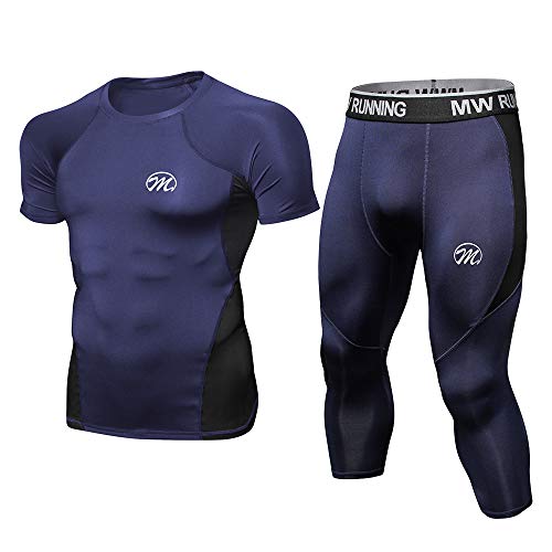 MEETWEE Conjunto Ropa De Compresión Hombre, 3/4 Leggings Manga Corta Camiseta Deportiva Running Pantalones para Fitness Entrenamiento