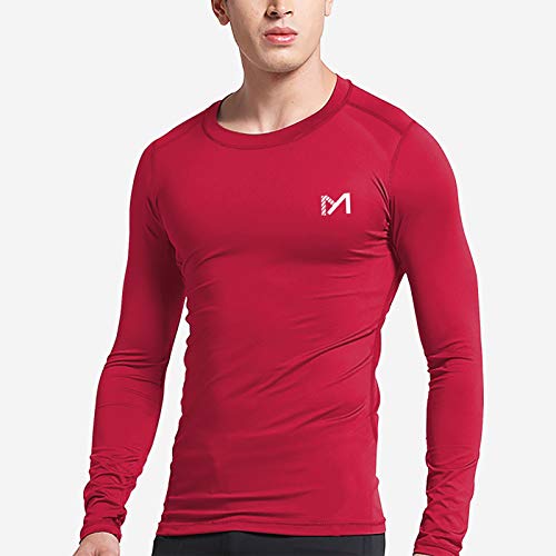 MEETYOO Camiseta Compresion Hombre, Ropa Deportiva Manga Larga Base Layers para Running Gym Ciclismo (Rojo-1, M)