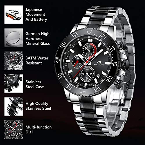 MEGALITH Relojes Hombre Reloj Cronografo Grande Militar Negro Acero Inoxidable Impermeable Relojes de Pulsera Deportivos Analogicos Luminosos Fecha