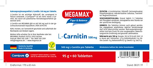 MEGAMAX - L-Carnitin - Suplemento con 500 mg de L-carnitina Carnipure - Liberación de energía en el metabolismo de las grasas - 60 pastillas (95 g)