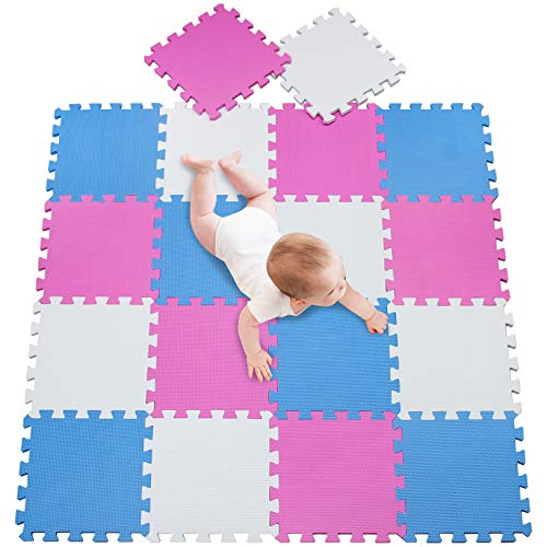meiqicool 18 Pcs Alfombra Puzzle Infantiles 142x114 cm Blanco Rosa y Azul Goma Espuma Alfombrillas para Puzzles 010307