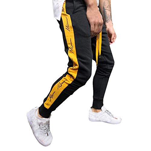 Memefood Pantalones Chándal Sueltos Ocasionales Personalidad Hombre Elásticos Jogging Pantalones Deportivos Rayas con Estampado De Letras（Amarillo， L）