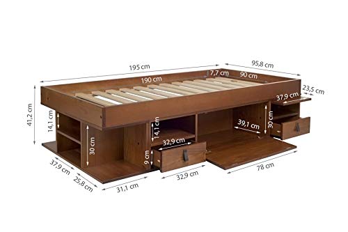 Memomad Cama Funcional Bali 90x190 cm - Estructura con Mucho Espacio de almacenaje y cajones, Ideal para dormitorios pequeños - Cama de Madera Maciza de Pino - Precio Incl. somier de Madera