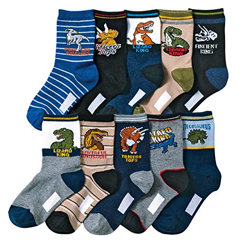 Memoryee Calcetines de dinosaurios de dibujos animados de moda para niños 4-16 años de edad, el mejor regalo de algodón para niños Sport Crew Sock Set de 10 paquetes