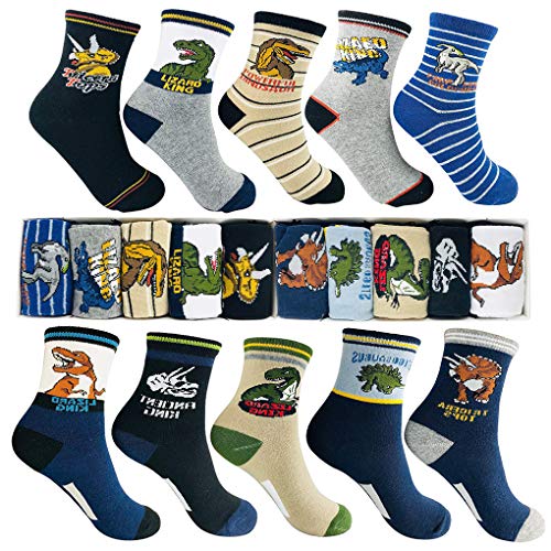 Memoryee Calcetines de dinosaurios de dibujos animados de moda para niños 4-16 años de edad, el mejor regalo de algodón para niños Sport Crew Sock Set de 10 paquetes