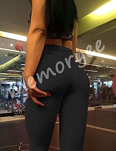 Memoryee Panal arrugado para nalgas de las mujeres leggings Levante los pantalones de yoga de cintura alta Elegante con gimnasio de control de la barriga/Black/M