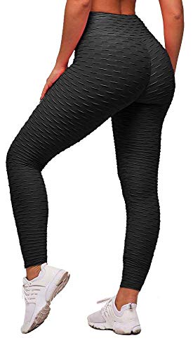 Memoryee Panal arrugado para nalgas de las mujeres leggings Levante los pantalones de yoga de cintura alta Elegante con gimnasio de control de la barriga/Black/M