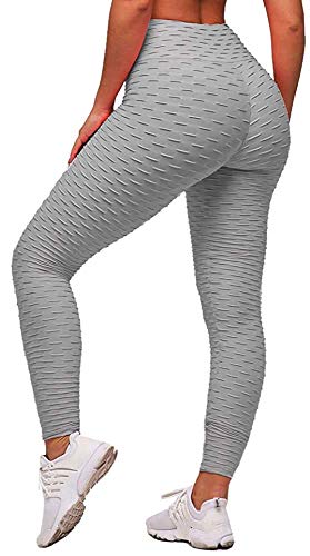 Memoryee Panal arrugado para nalgas de las mujeres leggings Levante los pantalones de yoga de cintura alta Elegante con gimnasio de control de la barriga/Grey/XL