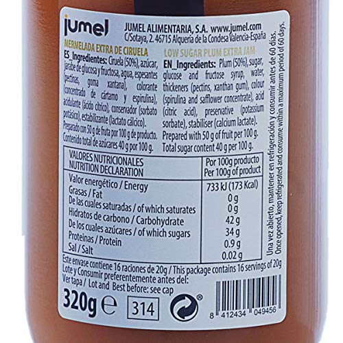 Mermelada de ciruela con extra de fruta JUMEL. 50 g de fruta por cada 100 g de producto. Mermelada gourmet, ideal para desayunos, meriendas y tostadas. Pack de 4 unidades (1,39 euros / unidad) Mermelada de ciruela con extra de fruta JUMEL. 50 g de fruta por cada 100 g de producto. Mermelada gourmet, ideal para desayunos, meriendas y tostadas. Pack de 4 unidades (1,39 euros / unidad)