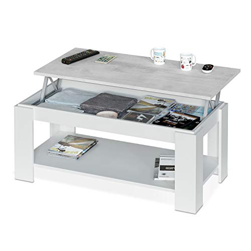 Mesa Centro con revistero, Mesa elevable, mesita Mueble Salon Comedor Acabado en Blanco Artik y Gris Cemento, Medidas: 102 cm (Largo) x 43/54 cm (Alto) x 50 cm (Fondo) Mesa Centro con revistero, Mesa elevable, mesita Mueble Salon Comedor Acabado en Blanco Artik y Gris Cemento, Medidas: 102 cm (Largo) x 43/54 cm (Alto) x 50 cm (Fondo)