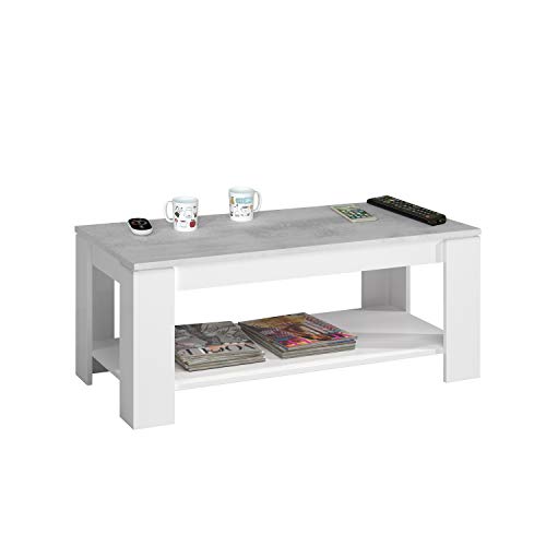 Mesa Centro con revistero, Mesa elevable, mesita Mueble Salon Comedor Acabado en Blanco Artik y Gris Cemento, Medidas: 102 cm (Largo) x 43/54 cm (Alto) x 50 cm (Fondo)