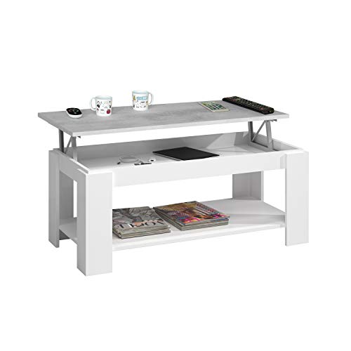 Mesa Centro con revistero, Mesa elevable, mesita Mueble Salon Comedor Acabado en Blanco Artik y Gris Cemento, Medidas: 102 cm (Largo) x 43/54 cm (Alto) x 50 cm (Fondo) Mesa Centro con revistero, Mesa elevable, mesita Mueble Salon Comedor Acabado en Blanco Artik y Gris Cemento, Medidas: 102 cm (Largo) x 43/54 cm (Alto) x 50 cm (Fondo)