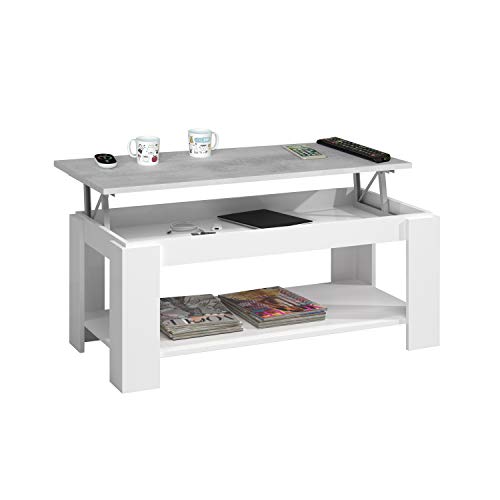 Mesa Centro con revistero, Mesa elevable, mesita Mueble Salon Comedor Acabado en Blanco Artik y Gris Cemento, Medidas: 102 cm (Largo) x 43/54 cm (Alto) x 50 cm (Fondo)