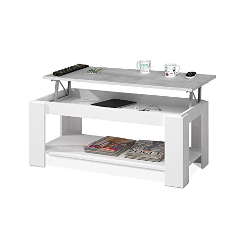 Mesa Centro con revistero, Mesa elevable, mesita Mueble Salon Comedor Acabado en Blanco Artik y Gris Cemento, Medidas: 102 cm (Largo) x 43/54 cm (Alto) x 50 cm (Fondo)