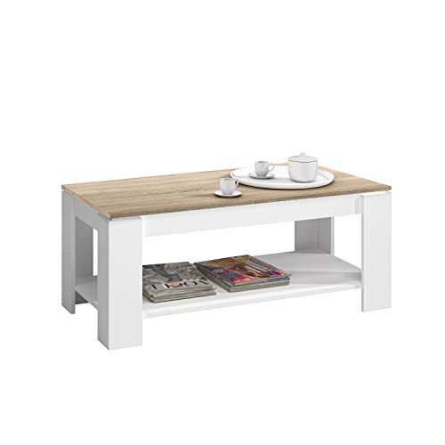 Mesa Centro con revistero, Mesa elevable, mesita Mueble Salon Comedor Acabado en Blanco Artik y Roble Canadian, Medidas: 102 cm (Largo) x 43/54 cm (Alto) x 50 cm (Fondo) Mesa Centro con revistero, Mesa elevable, mesita Mueble Salon Comedor Acabado en Blanco Artik y Roble Canadian, Medidas: 102 cm (Largo) x 43/54 cm (Alto) x 50 cm (Fondo)