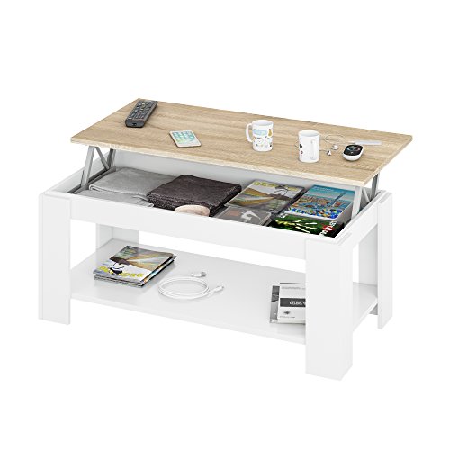 Mesa Centro con revistero, Mesa elevable, mesita Mueble Salon Comedor Acabado en Blanco Artik y Roble Canadian, Medidas: 102 cm (Largo) x 43/54 cm (Alto) x 50 cm (Fondo) Mesa Centro con revistero, Mesa elevable, mesita Mueble Salon Comedor Acabado en Blanco Artik y Roble Canadian, Medidas: 102 cm (Largo) x 43/54 cm (Alto) x 50 cm (Fondo)
