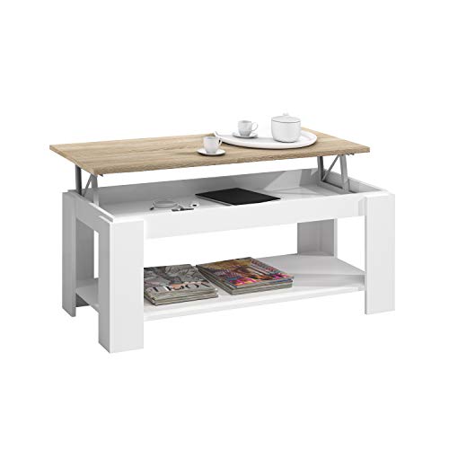 Mesa Centro con revistero, Mesa elevable, mesita Mueble Salon Comedor Acabado en Blanco Artik y Roble Canadian, Medidas: 102 cm (Largo) x 43/54 cm (Alto) x 50 cm (Fondo) Mesa Centro con revistero, Mesa elevable, mesita Mueble Salon Comedor Acabado en Blanco Artik y Roble Canadian, Medidas: 102 cm (Largo) x 43/54 cm (Alto) x 50 cm (Fondo)
