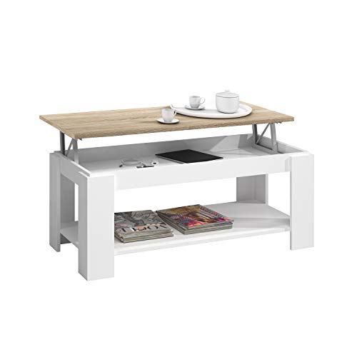 Mesa Centro con revistero, Mesa elevable, mesita Mueble Salon Comedor Acabado en Blanco Artik y Roble Canadian, Medidas: 102 cm (Largo) x 43/54 cm (Alto) x 50 cm (Fondo)