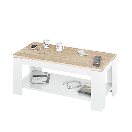 Mesa Centro con revistero, Mesa elevable, mesita Mueble Salon Comedor Acabado en Blanco Artik y Roble Canadian, Medidas: 102 cm (Largo) x 43/54 cm (Alto) x 50 cm (Fondo)