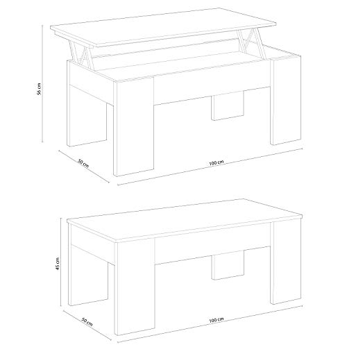 Mesa de Centro Elevable, Mesita de Salón o Comedor, Modelo LC, Acabado en Color Blanco Artik y Cemento, Medidas: 100 cm (Ancho) x 50 cm (Fondo) x 45-56 cm (Alto)